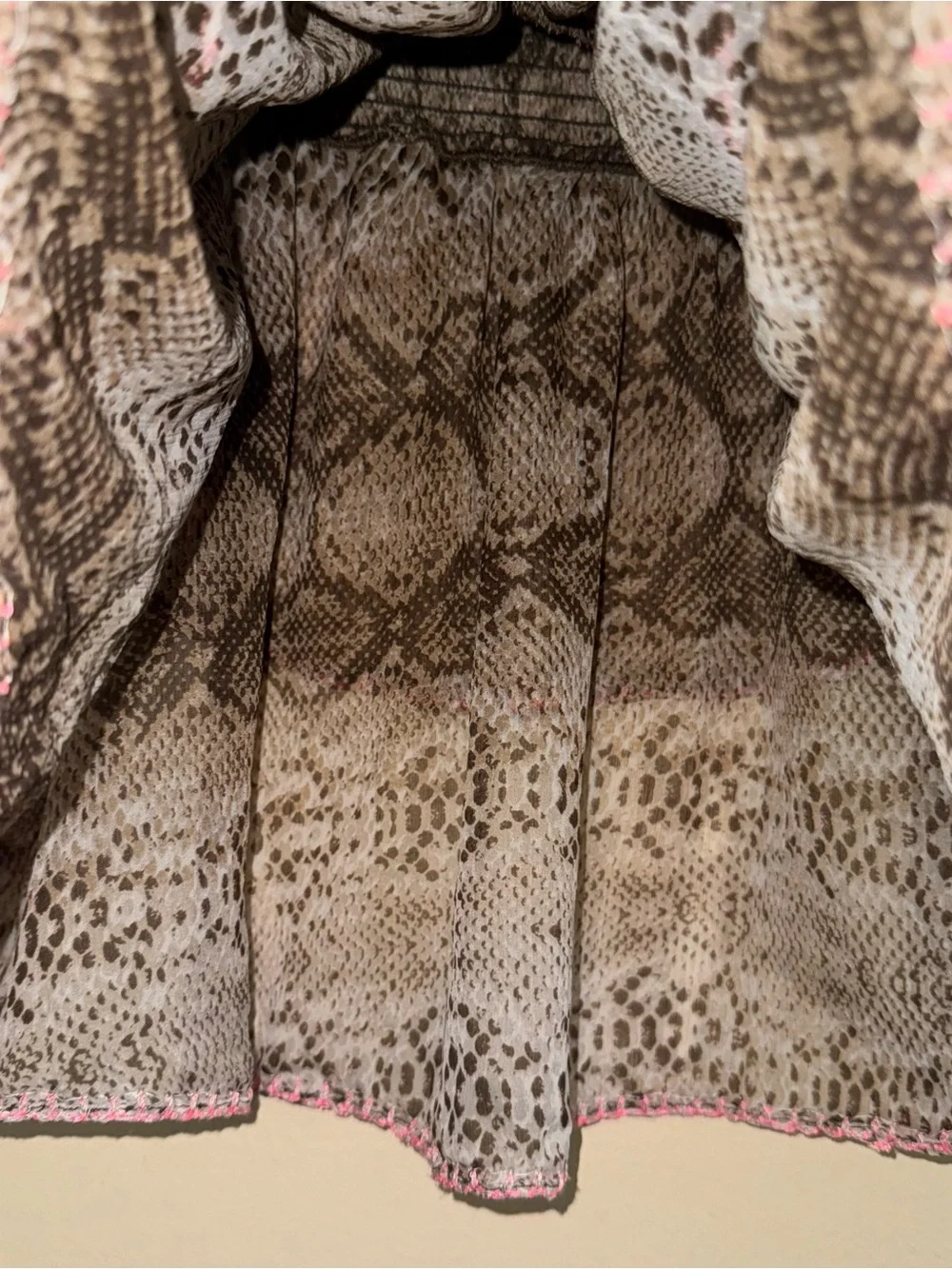 Ramy Brook Brown Snakeskin Ruffle Pink Trim Sheer Ruffle Mini Skirt Size M